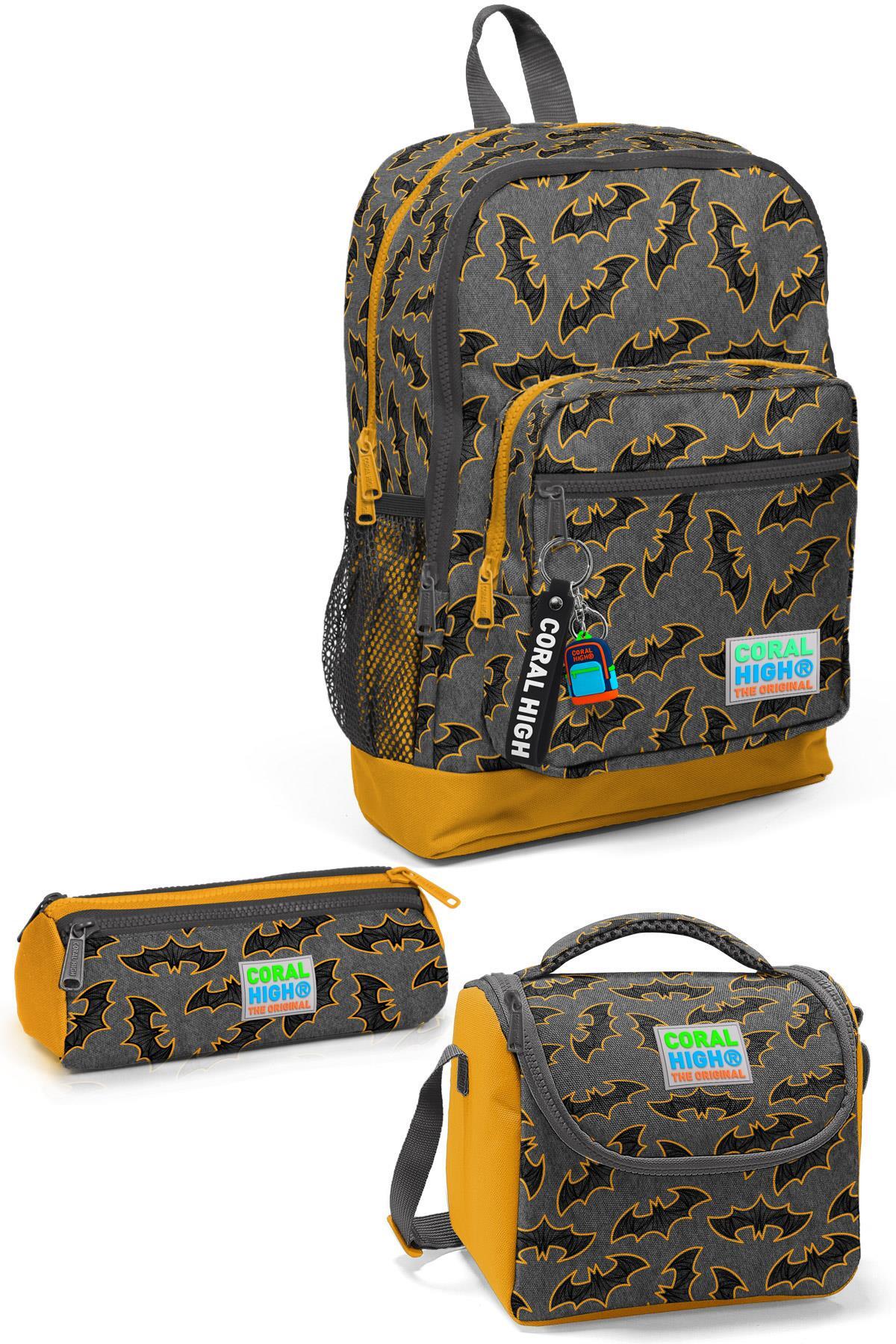 Coral High Kids Koyu Gri Hardal Yarasa Desenli 3’lü Okul Çanta Seti SET0123721