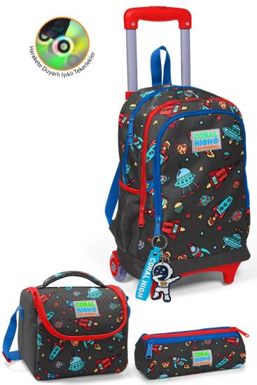 Coral High Kids Koyu Gri Kırmızı Uzay Desenli Çekçekli 3'lü Çanta Seti SET0123375 - CORAL HIGH KIDS