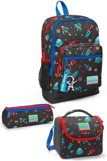 Coral High Kids Koyu Gri Kırmızı Uzay Desenli 3’lü Okul Çanta Seti SET0123469 - CORAL HIGH KIDS