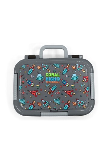 Coral High Kids Koyu Gri Kırmızı Uzay Desenli Paslanmaz Çelik Beslenme Kabı 39220 - 5