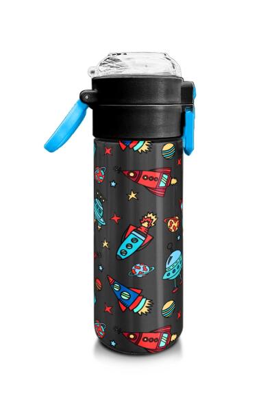 Coral High Kids Koyu Gri Kırmızı Uzay Desenli Pipetli ve Direkt İçim Çelik Termos 500 ml 31916 - 2