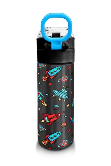 Coral High Kids Koyu Gri Kırmızı Uzay Desenli Pipetli ve Direkt İçim Çelik Termos 500 ml 31916 - 3