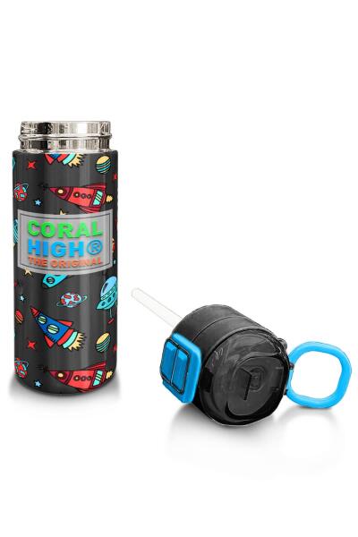 Coral High Kids Koyu Gri Kırmızı Uzay Desenli Pipetli ve Direkt İçim Çelik Termos 500 ml 31916 - 4