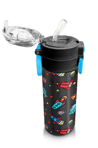 Coral High Kids Koyu Gri Kırmızı Uzay Desenli Pipetli ve Direkt İçim Çelik Termos 500 ml 31916 - 5
