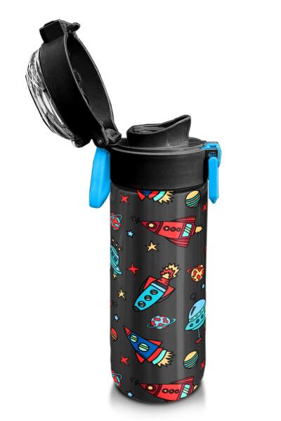 Coral High Kids Koyu Gri Kırmızı Uzay Desenli Pipetli ve Direkt İçim Çelik Termos 500 ml 31916 - 6