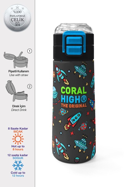 Coral High Kids Koyu Gri Kırmızı Uzay Desenli Pipetli ve Direkt İçim Çelik Termos 500 ml 31916 - 1