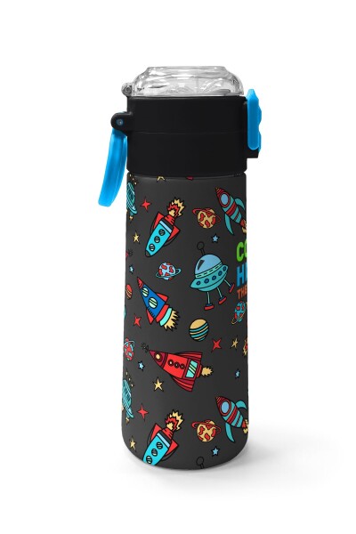 Coral High Kids Koyu Gri Kırmızı Uzay Desenli Pipetli ve Direkt İçim Çelik Termos 500 ml 31916 - 2