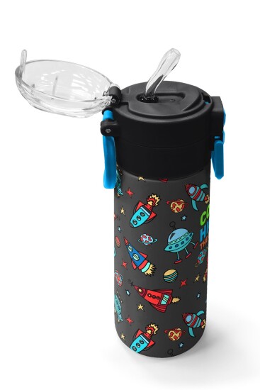 Coral High Kids Koyu Gri Kırmızı Uzay Desenli Pipetli ve Direkt İçim Çelik Termos 500 ml 31916 - 5
