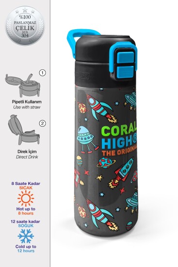 Coral High Kids Koyu Gri Kırmızı Uzay Desenli Pipetli ve Direkt İçim Çelik Termos 500 ml 31916 