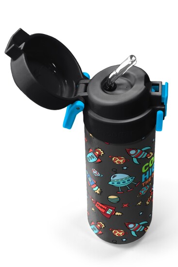 Coral High Kids Koyu Gri Kırmızı Uzay Desenli Pipetli ve Direkt İçim Çelik Termos 500 ml 31916 - 2