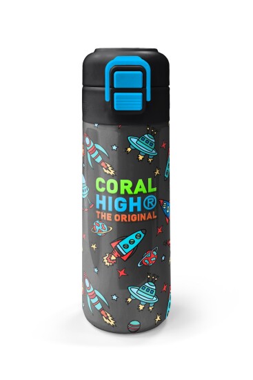Coral High Kids Koyu Gri Kırmızı Uzay Desenli Pipetli ve Direkt İçim Çelik Termos 500 ml 31916 - 4