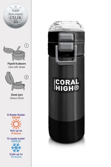 Coral High Kids Koyu Gri Siyah Desenli Pipetli ve Direkt İçim Çelik Termos 500 ml 31824 - Coral High KIDS