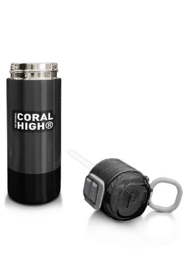 Coral High Kids Koyu Gri Siyah Desenli Pipetli ve Direkt İçim Çelik Termos 500 ml 31824 - 4