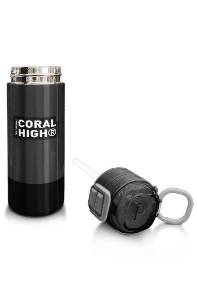 Coral High Kids Koyu Gri Siyah Desenli Pipetli ve Direkt İçim Çelik Termos 500 ml 31824 - 4