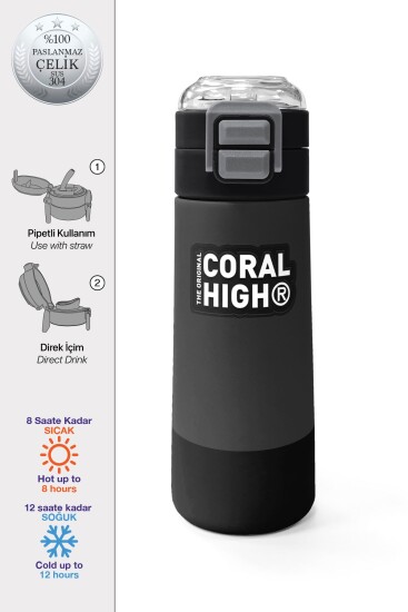 Coral High Kids Koyu Gri Siyah Desenli Pipetli ve Direkt İçim Çelik Termos 500 ml 31824 - Coral High KIDS