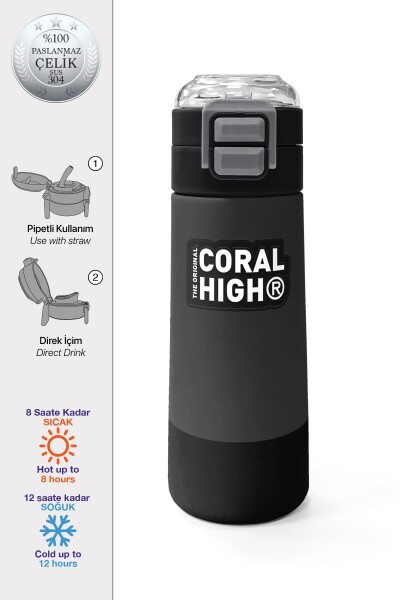 Coral High Kids Koyu Gri Siyah Desenli Pipetli ve Direkt İçim Çelik Termos 500 ml 31824 - 1