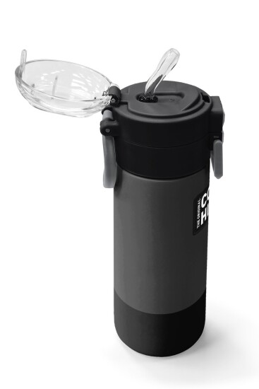 Coral High Kids Koyu Gri Siyah Desenli Pipetli ve Direkt İçim Çelik Termos 500 ml 31824 - 5