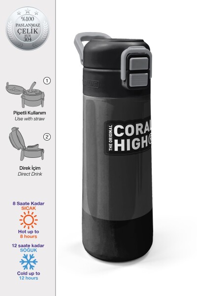 Coral High Kids Koyu Gri Siyah Desenli Pipetli ve Direkt İçim Çelik Termos 500 ml 31824 - 1