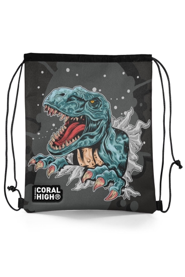 Coral High Kids Koyu Gri Siyah Dinozor Desenli İpli Büzgülü Sırt Çantası 22485 