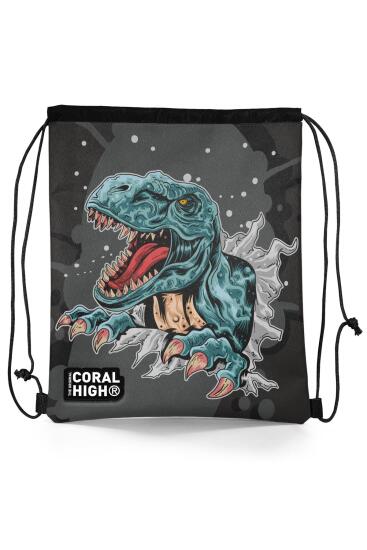 Coral High Kids Koyu Gri Siyah Dinozor Desenli İpli Büzgülü Sırt Çantası 22485 - Coral High KIDS