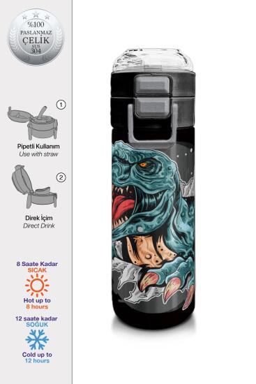Coral High Kids Koyu Gri Siyah Dinozor Desenli Pipetli ve Direkt İçim Çelik Termos 500 ml 31822 - Coral High KIDS