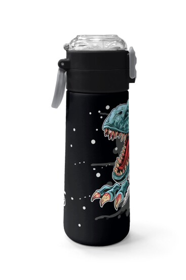 Coral High Kids Koyu Gri Siyah Dinozor Desenli Pipetli ve Direkt İçim Çelik Termos 500 ml 31822 - 2