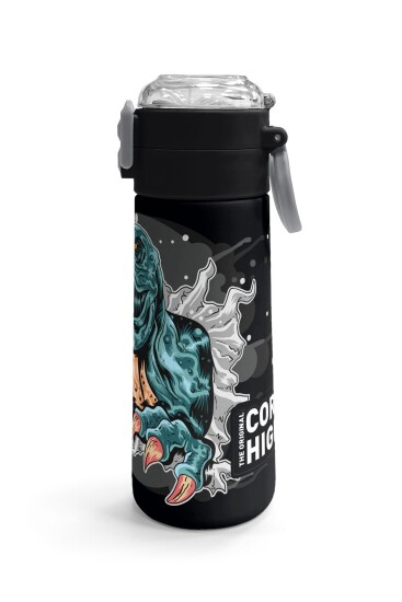 Coral High Kids Koyu Gri Siyah Dinozor Desenli Pipetli ve Direkt İçim Çelik Termos 500 ml 31822 - 3