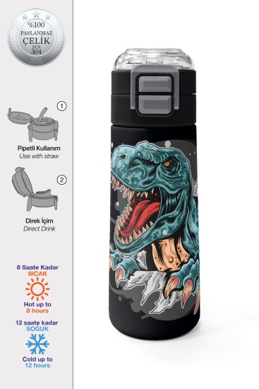 Coral High Kids Koyu Gri Siyah Dinozor Desenli Pipetli ve Direkt İçim Çelik Termos 500 ml 31822 