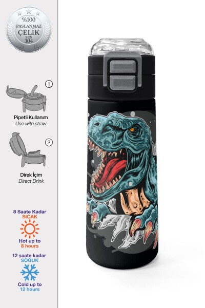 Coral High Kids Koyu Gri Siyah Dinozor Desenli Pipetli ve Direkt İçim Çelik Termos 500 ml 31822 - 1