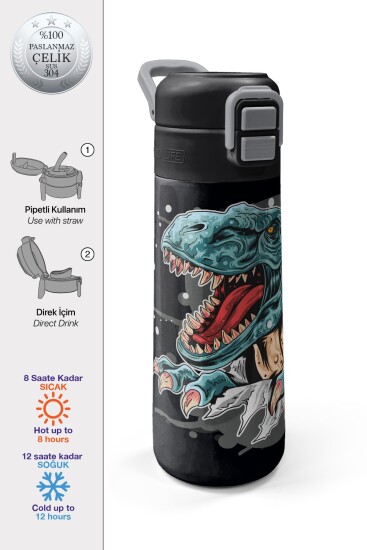 Coral High Kids Koyu Gri Siyah Dinozor Desenli Pipetli ve Direkt İçim Çelik Termos 500 ml 31822 