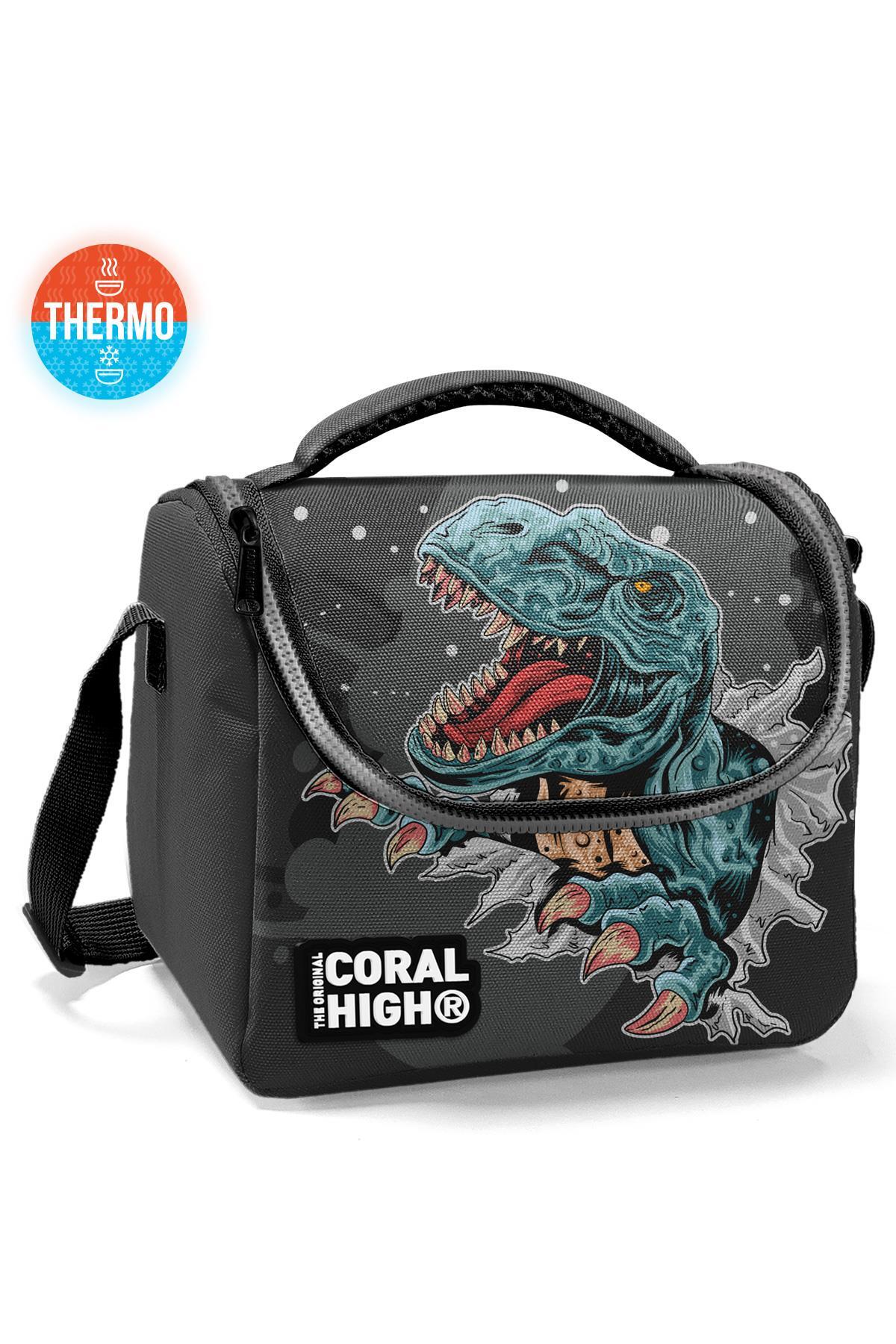 Coral High Kids Koyu Gri Siyah Dinozor Desenli Thermo Beslenme Çantas 11837