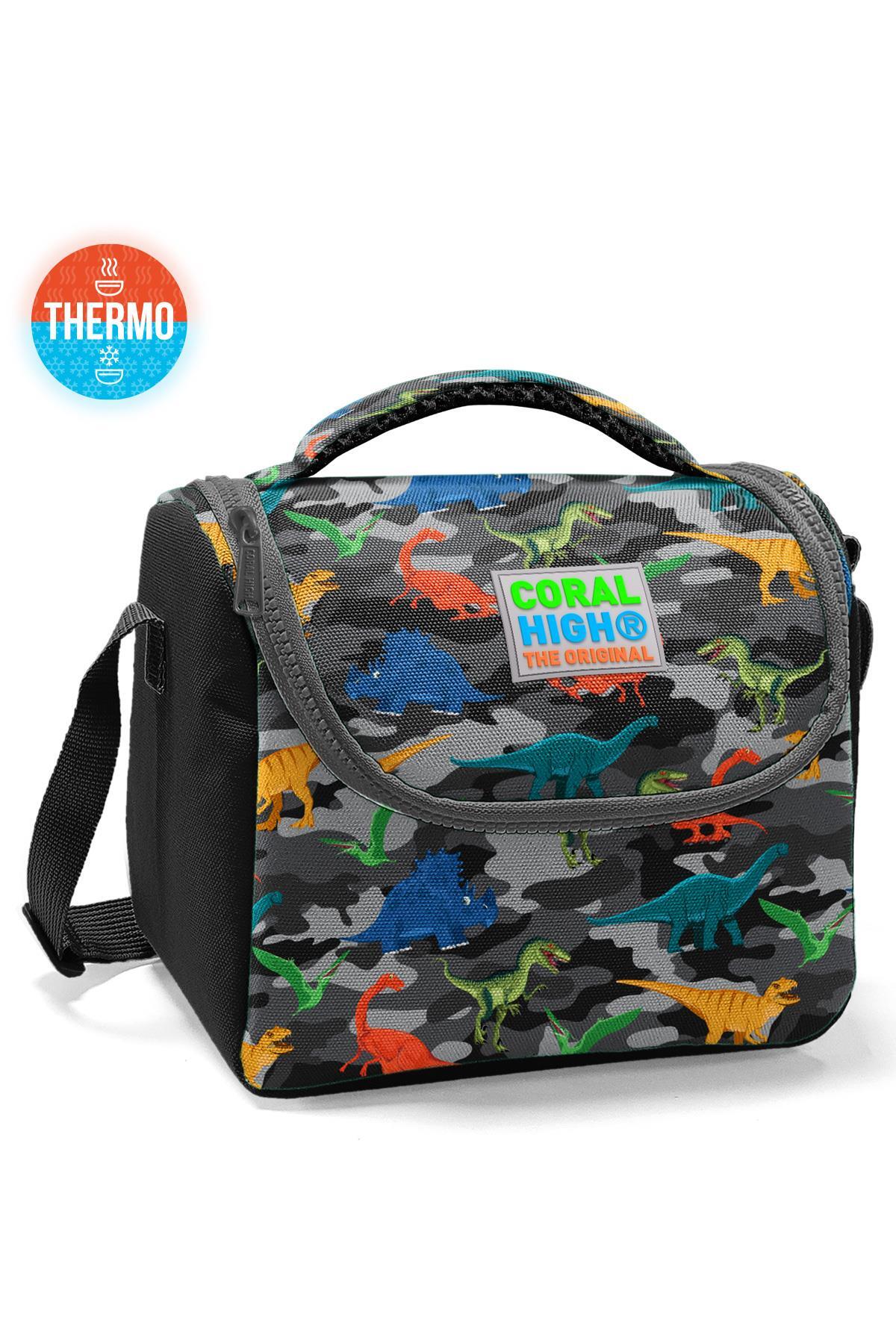 Coral High Kids Koyu Gri Siyah Kamuflaj Dinozor Desenli Thermo Beslenme Çantası 11812