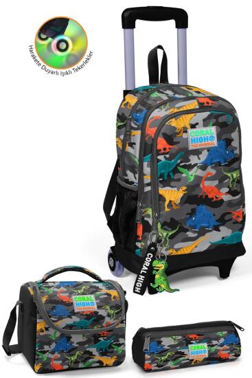 Coral High Kids Koyu Gri Siyah Kamuflaj Dinozor Desenli Çekçekli 3'lü Çanta Seti SET0123382 