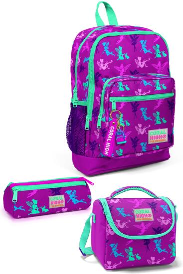 Coral High Kids Koyu Pembe Su Yeşili Peri Desenli 3’lü Okul Çanta Seti SET0123109 