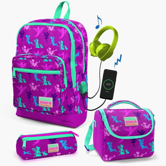 Coral High Kids Koyu Pembe Su Yeşili Peri Desenli USB'li 3’lü Okul Çanta Seti SET0123274 