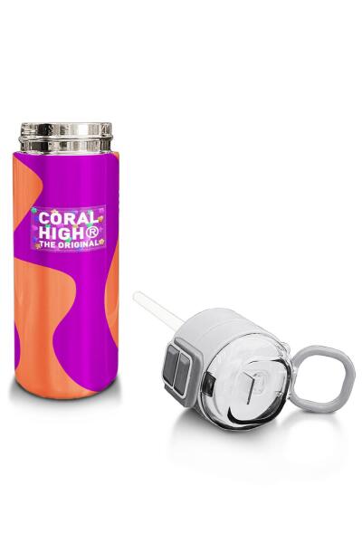 Coral High Kids Koyu Pembe Turuncu Desenli Pipetli ve Direkt İçim Çelik Termos 500 ml 31884 - 4