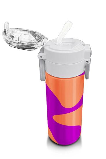 Coral High Kids Koyu Pembe Turuncu Desenli Pipetli ve Direkt İçim Çelik Termos 500 ml 31884 - 5