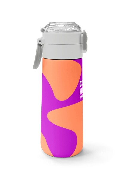 Coral High Kids Koyu Pembe Turuncu Desenli Pipetli ve Direkt İçim Çelik Termos 500 ml 31884 - 2