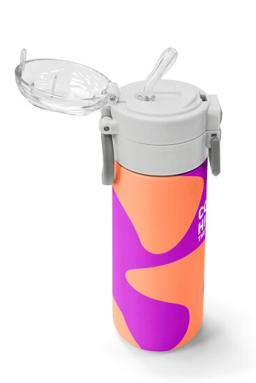 Coral High Kids Koyu Pembe Turuncu Desenli Pipetli ve Direkt İçim Çelik Termos 500 ml 31884 - 5