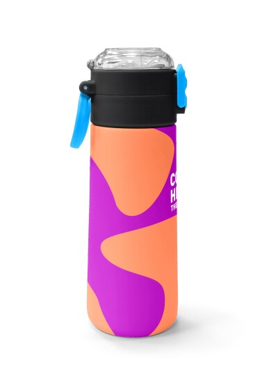 Coral High Kids Koyu Pembe Turuncu Desenli Pipetli ve Direkt İçim Çelik Termos 500 ml 31884 - 2