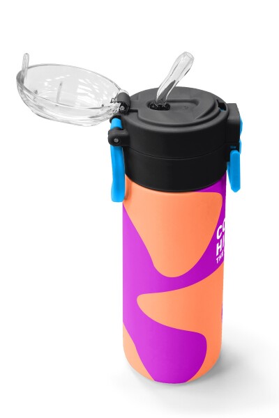 Coral High Kids Koyu Pembe Turuncu Desenli Pipetli ve Direkt İçim Çelik Termos 500 ml 31884 - 5