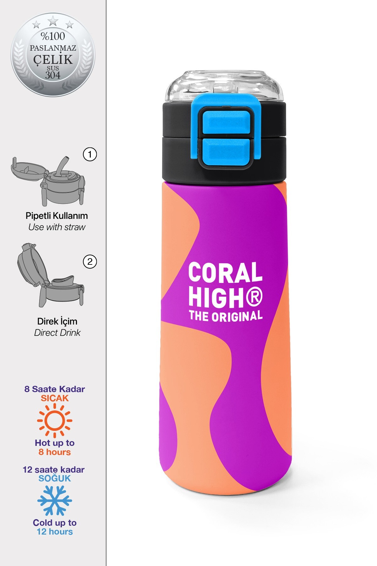 Coral High Kids Koyu Pembe Turuncu Desenli Pipetli ve Direkt İçim Çelik Termos 500 ml 31884
