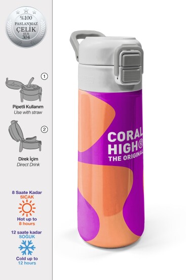 Coral High Kids Koyu Pembe Turuncu Desenli Pipetli ve Direkt İçim Çelik Termos 500 ml 31884 - Coral High KIDS