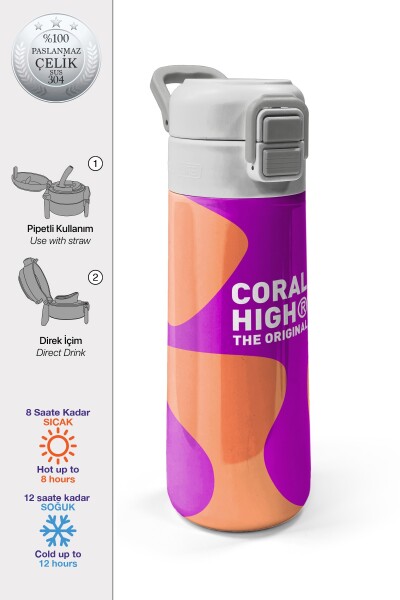 Coral High Kids Koyu Pembe Turuncu Desenli Pipetli ve Direkt İçim Çelik Termos 500 ml 31884 - 1