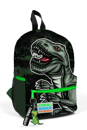 Minik Yuva Sırt Çantası Koyu Yeşil Siyah Dinozor Desenli İki Bölmeli 23525 - Coral High KIDS