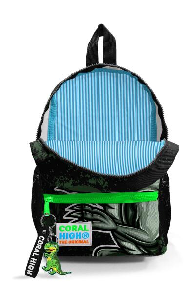 Minik Yuva Sırt Çantası Koyu Yeşil Siyah Dinozor Desenli İki Bölmeli 23525 - 4