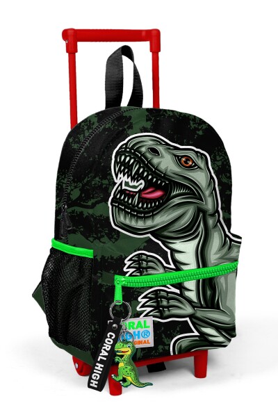 Minik Yuva Çekçekli Sırt Çantası Koyu Yeşil Siyah Dinozor Desenli İki Bölmeli 24019 - 1