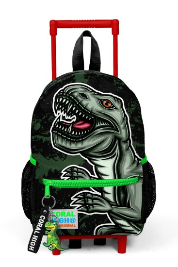 Minik Yuva Çekçekli Sırt Çantası Koyu Yeşil Siyah Dinozor Desenli İki Bölmeli 24019 - 4