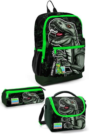 Coral High Kids Koyu Yeşil Siyah Dinozor Desenli 3’lü Okul Çanta Seti SET0123725 