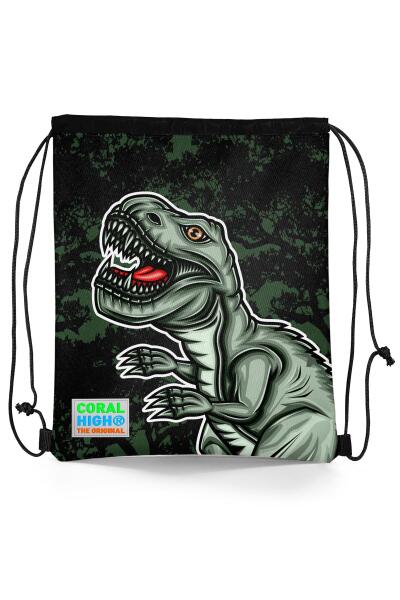 Coral High Kids Koyu Yeşil Siyah Dinozor Desenli İpli Büzgülü Sırt Çantası 22475 - 1